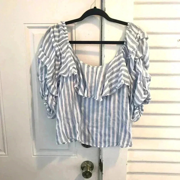 Zara Blue White Stripe Puff Sleeve Off Shoulder Blouse Small G48 - Picture 1 of 5